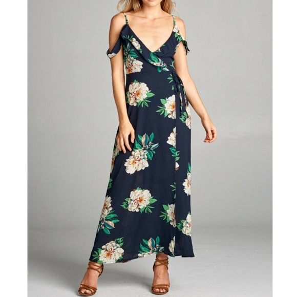 Floral Cold Shoulder Maxi Wrap Dress - Picture 4 of 7